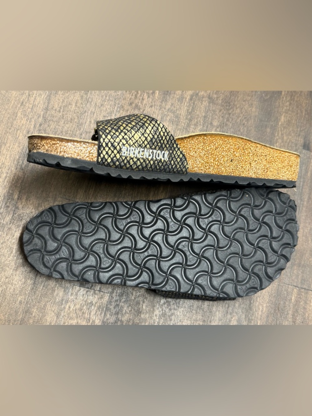 Birkenstock Madrid Metallic Sandals EU 38 Black Gold Snake Texture - Picture 7 of 8